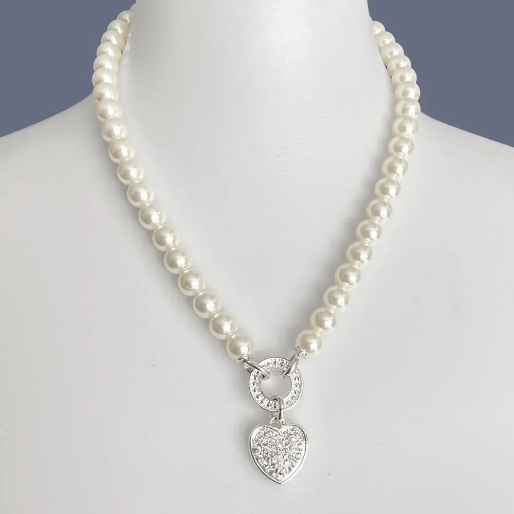 Avon Heart Pendant Necklace Silver Tone Pave Rhinestone Imitation Pearl Gloria